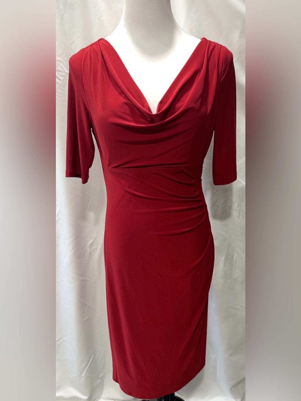 Lauren Ralph Lauren Red Cowl Neck Ruched Sheath Midi Dress Size 6 - Picture 3 of 9